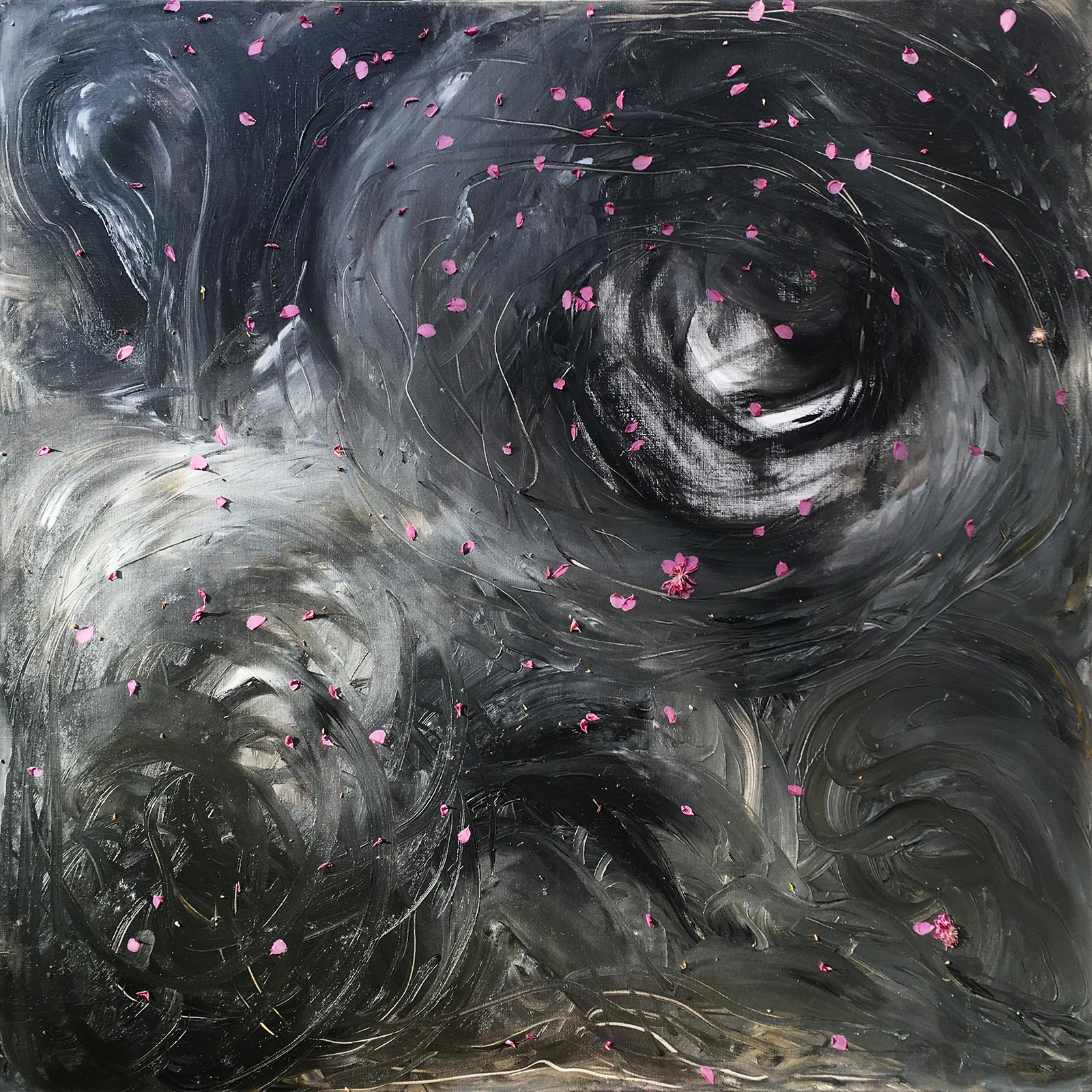 一平米苍穹: 人间四月天 , 布上油画, 花瓣 1×1m, 2016